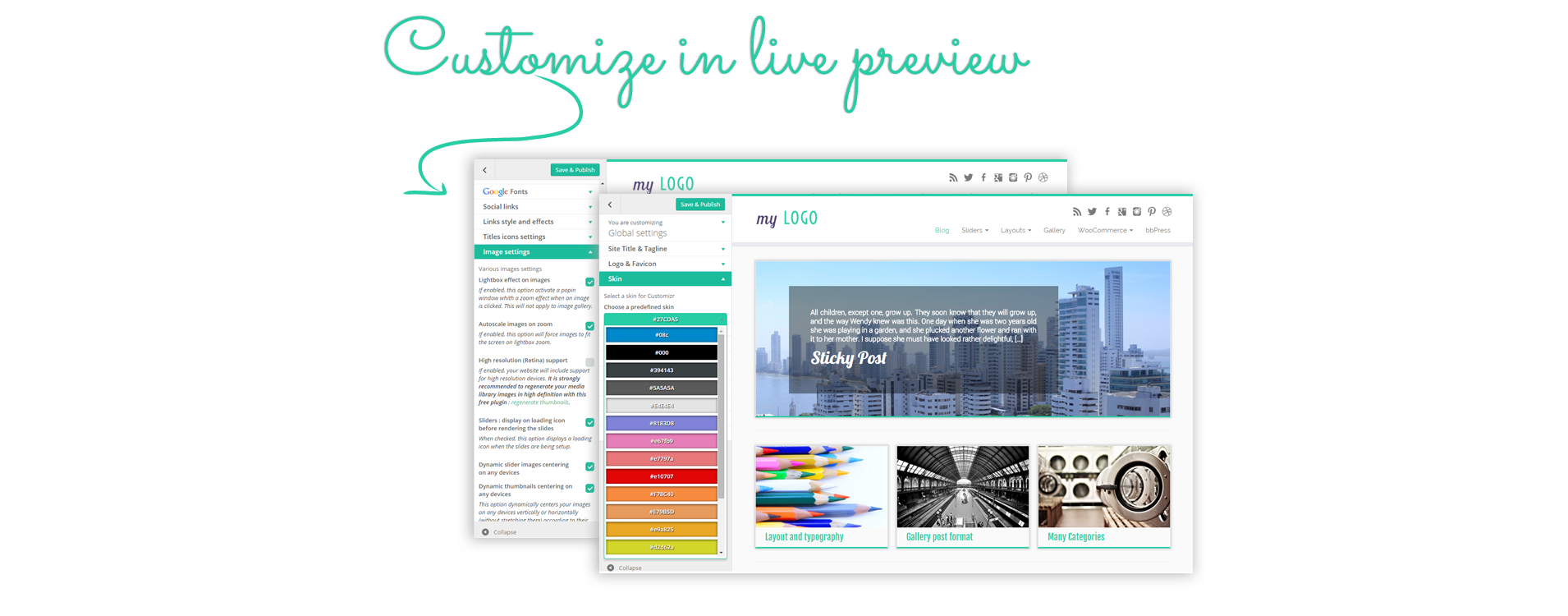 Numerose opzioni per il layout e look sono accessibili nello schermo di personalizzazione di Wordpress: vedi i tuoi cambiamenti dal vivo!